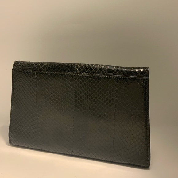 Vintage Black Snakeskin Envelope Clutch Bag - Gold Hardware Evening Purse